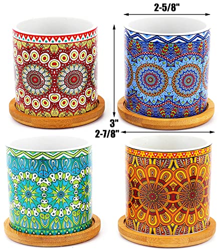 Yesland 4 Pack Succulent Plant Pots with Bamboo Tray, 3 Inch Ceramic Mandalas Pattern Cylinder Planter & Flower Pots with Drainage Hole, for Flowers, Cactus, Home, Garden, Office Decoration