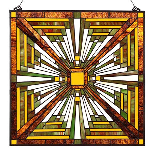Bieye W10023 Mission Tiffany Style Stained Glass Window Panel with Chain, 24-inch Wide Square Shape, Brown