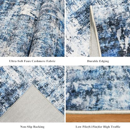 2x5 Washable Kitchen Runner Rug – Non-Slip Rubber Backing Low-Pile Soft Small Rug for Hallway Bathroom Bedroom Entryway Laundry Room – Modern Neutral Abstract Thin (Navy Blue) - color: Navy Blue, size: 2' x 5' (Rectangular)