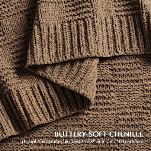 EVERGRACEHOME Modern Checkered Chenille Throw Blanket, 50x60, Camel Brown - color: Camel Brown, size: 50" X 60"