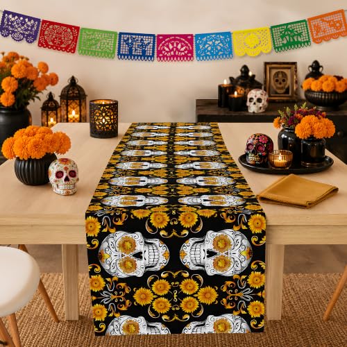 Dia De Los Muertos Decorations - Sugar Skull Table Runner with Banner - color: Dia De Los Muertos