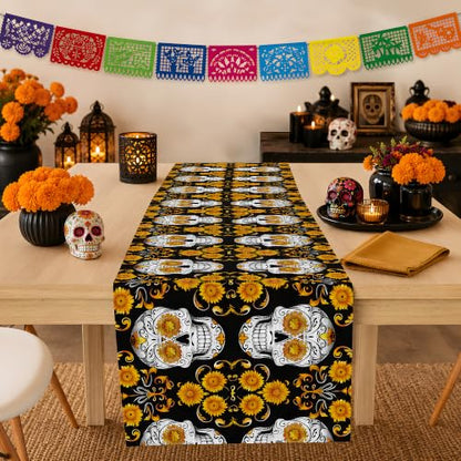 Dia De Los Muertos Decorations - Sugar Skull Table Runner with Banner - color: Dia De Los Muertos