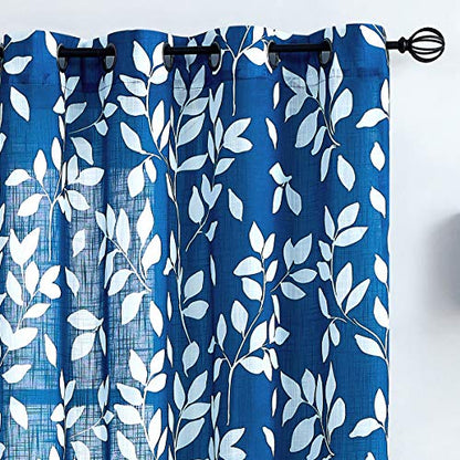 Navy Blue White Leaf Semi Sheer Curtains 63" Bedroom Panels Drapes 2pk - color: Navy, size: 52"W x 63"L (Pack of 2)