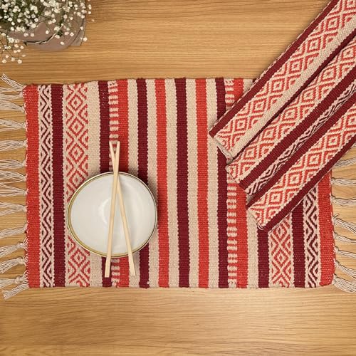 CHARDIN HOME Rust Orange, Ivory Boho Placemats (Set of 4) | Cotton Farmhouse Placemats 13x19 Inches| Machine Washable, Durable and Easy to Combine - color: Rust-orange, size: 13x19 Inch.