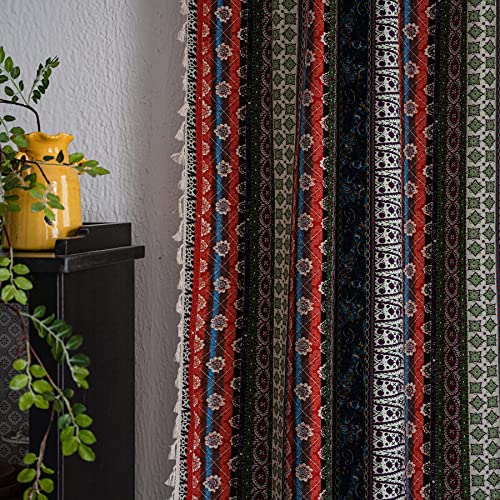 VOGOL Boho Tassel Window Curtains, 1 Panel Geometric Striped Bohemian Style Country Curtain, Cotton Linen Drapes for Bedroom Living Room, 59 x 63 Inches - color: C4, size: 59"W x 63"L (Pack of 1)