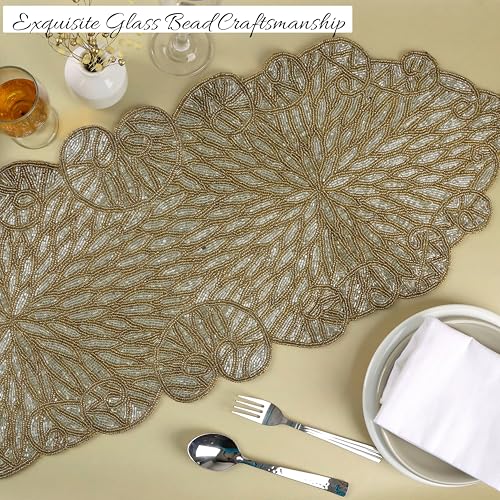 Hand Beaded Table Runner 13 x 36 Inch, Decorative Glass Bead Table Runner with Polyester Back, Elegant Dining Table Centerpiece for Coffee, Console & Buffet Tables, Wedding, Holiday & Home Décor - color: Gold