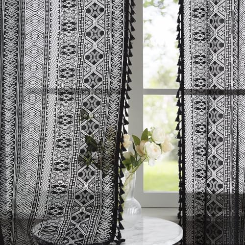 Black Boho Sheer Lace Window Curtains with Tassel, 40" Wx72 Lx2 - color: Black, size: 40"W x 72"L (Pack of 2)