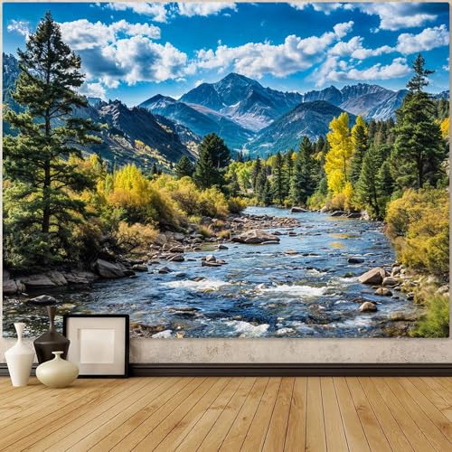 AMM Nature Forest Mountain Tapestry Green Pine Tree Tapestry for Bedroom Aesthetic White Clouds Flowing River Landscape Classroom Tapestries Wall Hanging for Living Room Dorm Office - color: Blue, size: 48"L x 36"W