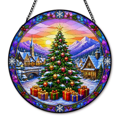 Christmas Tree Winter Suncatcher Stained Glass Window Hanging, Winter Snowy Village Xmas Tree Sun Catchers Indoor Garden Glass Round Wall Decor, Christmas Wall Art Hanging Decorations 7.8x7.8 - color: Christmas_10
