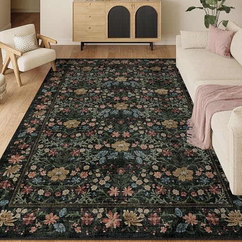 DUKINO 6x9 Area Rug, Vintage Floral Washable Rugs for Living Room, Black - color: Black, size: 6' x 9' (Rectangular)