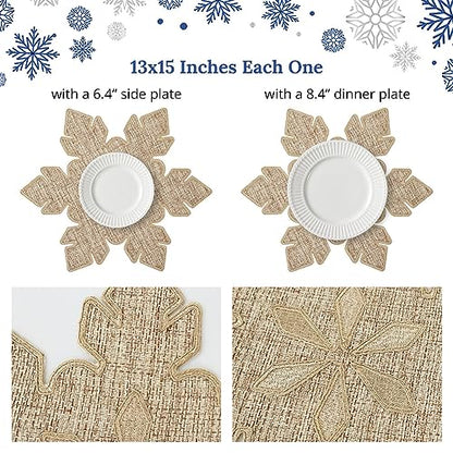 Feuille Christmas Placemats Set of 4 - Snowflake Burlap Holiday Placemats for Round Table, Farmhouse Winter Decor for Christmas Table Decorations - style: Snowflake