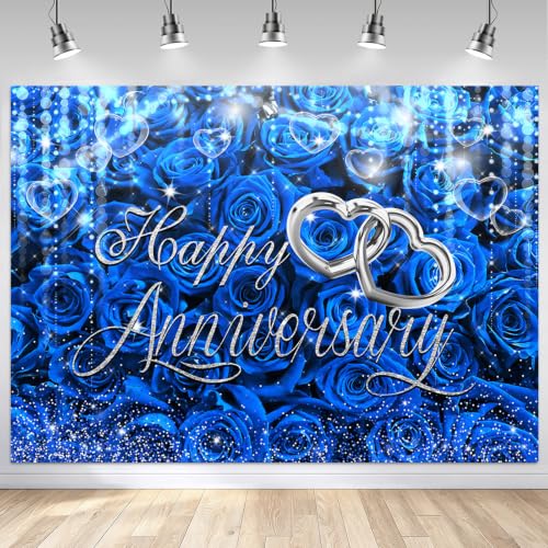 Mocsicka Happy Anniversary 배경, 블루 앤 실버, 2.1x1.5m(7x5피트) - color: 블루., size: M-(82x60 inch)