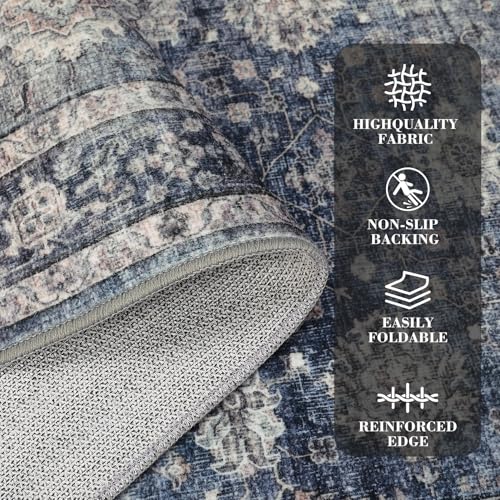 GarveeHome Runner Rugs 2.5x8 Vintage Printed Hallway with Non-Slip Backing, Stain-Resistant Oriental Washable Farmhouse Low Pile Rugs for Kitchen, Laundry, Blue - color: Denim / Multi, size: 2.5' x 8' (Rectangular)