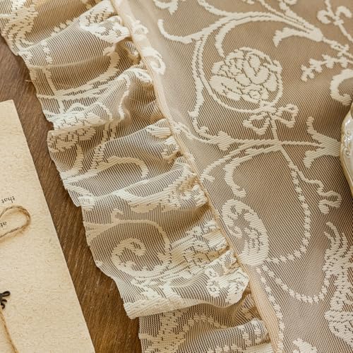 TUDECO Beige Lace Sheer Curtains 72 Inches Long, Ruffle Edges, 2 Panels - color: Beige, size: 59"W x 72"L (Pack of 2)