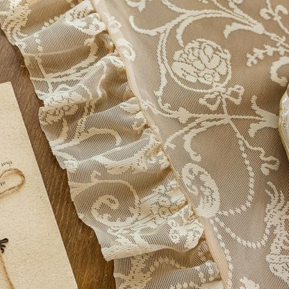 TUDECO Beige Lace Sheer Curtains 72 Inches Long, Ruffle Edges, 2 Panels - color: Beige, size: 59"W x 72"L (Pack of 2)