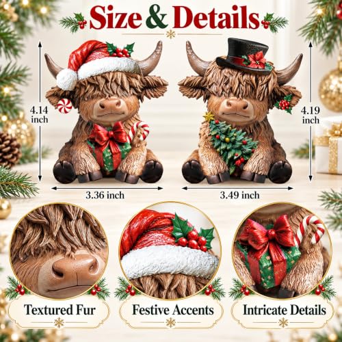 Karenhi 2 Pcs Christmas Highland Cow Figurines Decor for Home Office - style: Christmas