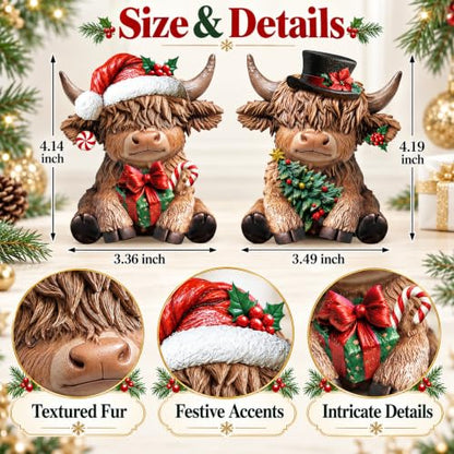 Karenhi 2 Pcs Christmas Highland Cow Figurines Decor for Home Office - style: Christmas