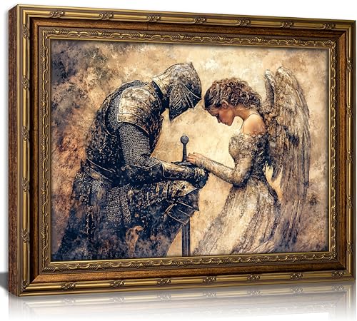 Vintage Gold Framed Medieval Knight Wall Art, Retro Fantasy Warrior Angel Oil Painting Canvas Print, Antique Gothic Romantic Wall Decor, Dark Academia Poster Artwork for Bedroom Living Room - color: Angel, size: 11''Lx9''W