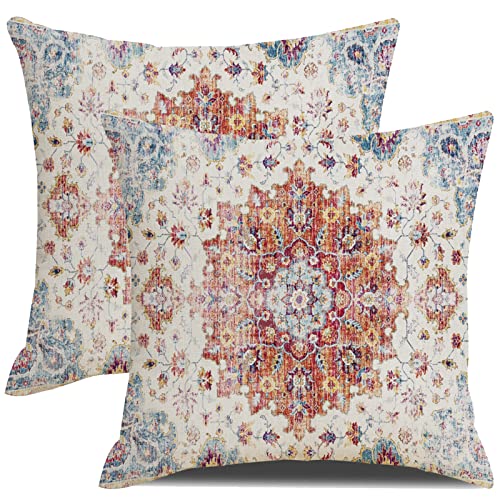 Boho Throw Pillows Cover 20x20 Inch Orange Blue Teal Ethnic Carpet Pillow Covers Set of 2 Coral Floral Linen Decorative Pillow Cases Farmhouse Cushion Cover for Outdoor Living Room Couch Sofa Decor - color: Boho, size: 20" x 20" (Pack of 2)