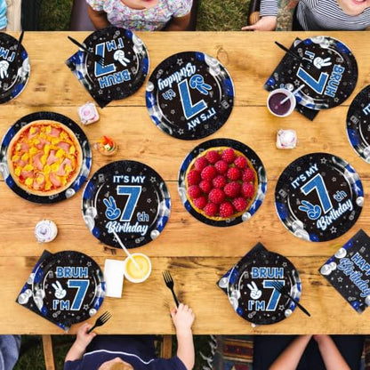 96 Pcs Bruh 7th Birthday Party Decorations for Boys, Serves 24 - style: Black Blue Bruh 7th Plates