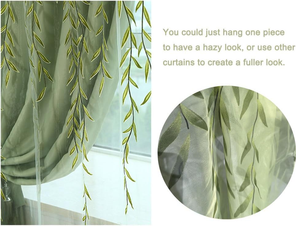 Ufurty 2pcs Willow Leaf Window Curtain Voile Tulle Vine Sheer Curtains - color: Green 2#, size: 39.4"W x 78.7"L (Pack of 2)
