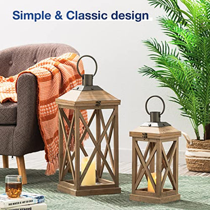 Glitzhome Set of 2 Mondern Farmhouse Wood Metal Decorative Lanterns Hanging Candle Lanterns,Natural (No Glass) - color: Brown