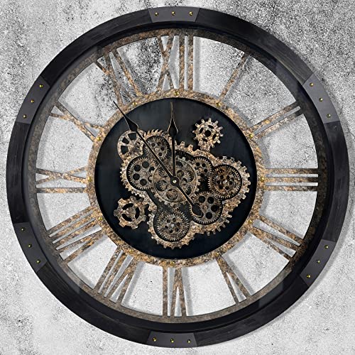 27 inch Large Real Moving Gears Wall Clock with Toughened Glass Cover, Oversized Solid Wood Retro Farmhouse Clock, Giant Decorative Rustic Wall Clock for Living Room Home Kitchen Office (Black) - color: Vintage Black, size: 68cm / 27 inch