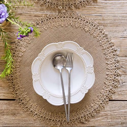 FunWheat Burlap Round Braided Placemats Set of 12 for Dining Tables 15 Inch Heat Resistant Jute Table Mats Farmhouse Woven Fabric Natural Place mats (Brown Jute Lace) - color: H Brown Jute Lace, size: 12pcs
