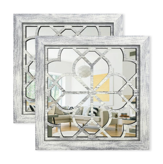 Set of 2 14 Inch Square Grey Window Pane Wall Mirrors, Shatterproof Rustic Farmhouse Boho Vintage Accent Mirrors for Living Room Bedroom Bathroom Entryway - color: Grey（2pcs）, size: 14"L x 14"W