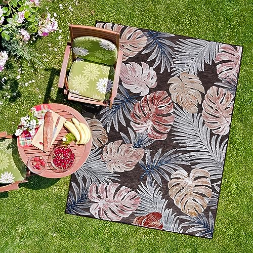 CAMILSON Indoor Outdoor Rug, Brown 6’x9’ Leaf Tropical Botanical Area Rugs for Indoor and Outdoor patios, Easy-Cleaning Non-Shedding Living Room, Garden and Kitchen Washable Outside Carpet (6x9) - color: 3002 Brown, size: 6' x 9' (Rectangular)