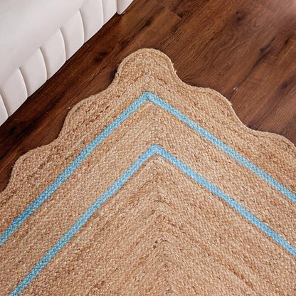 Wave Scalloped Jute Rug Entryway Natural Boho Area Rug Sky Blue 2'x4' - color: Sky Blue, size: 2'x4'