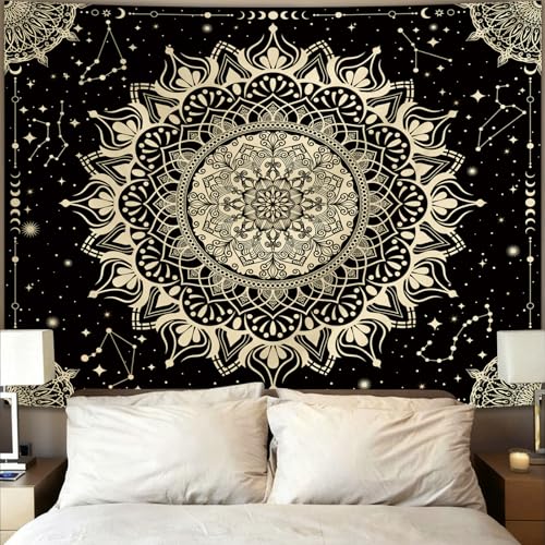 Apdidl Boho Mandala Tapestry for Bedroom, Black Hippie Ceiling Tapestries - color: Black Gold Mandala Tapestry, size: 60"L x 51"W