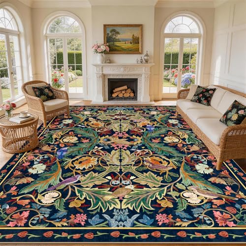 nesrt 9'x12' Boho Jungle Area Rug for Living Room, Soft Washable Extra Large Indoor Bedroom Rug, Low Pile Stain Resistant Non-Slip Large Carpet for Under Dining Table Farmhouse Home Decor (Dark Green) - color: Dark Green, size: 9' x 12' (Rectangular)