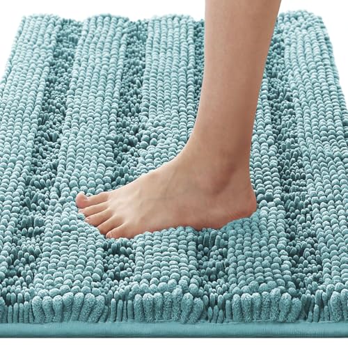 H.VERSAILTEX Bathroom Rugs Bath Rugs for Bathroom Non Slip Bath Mats Extra Thick Chenille Striped Rug 17" x 24" Absorbent Soft Shaggy Washable Dry Fast Bath Mats for Bath Room Floor - Aqua Haze - color: Aqua Haze, size: 17" x 24"