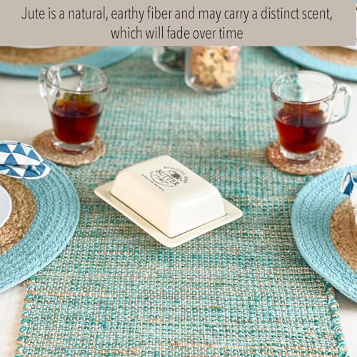 Chardin home Natural Jute Table Runner 13x48 Inch – Vintage Boho Rustic Table Decor – Handwoven Table Runner in Natural Jute and Aqua Turquoise – Farmhouse Dining or Console Table Accent - color: Natural Jute-aqua Turquoise, size: 13x48 Inch.