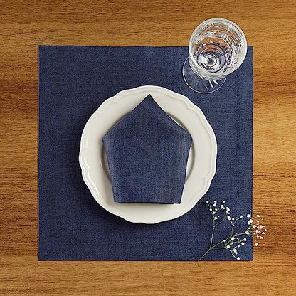 Solino Home 100% 순수 리넨 플레이스 매트 네이비, 아테나 35.6 x 35.6cm(14 x 14인치), 4개 세트 - color: 08: 네이비 샴브레이, size: 14" X 14" (Set of 4)
