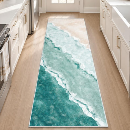 Beach Pattern 2x6ft Runner Rug Non Slip Washable Kitchen Runner Rug with Rubber Backing，Low-Pile Soft Washable Runner Rugs for Hallway Entryway Kitchen Bedroom Living Room Bathroom, Teal - color: Teal Beach, size: 2' x 6' (Rug)