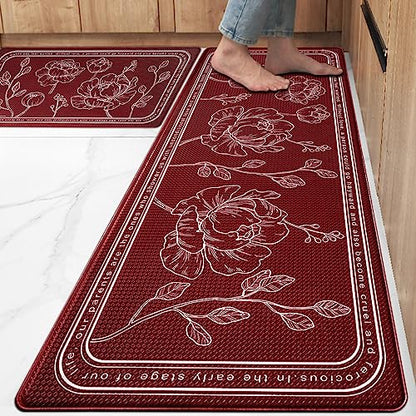 Kitchen Floor Mat Set of 2, Anti Fatigue Kitchen Mat 20"x32"+20"x59" - color: Red, size: 20"x32"+20"x59"