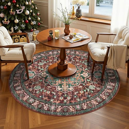 U'Artlines Boho Round Area Rug 4ft Machine Washable Carpet, Rust＆Teal - color: Rust＆teal, size: 4' (Round)