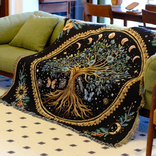 Tree of Life Woven Throw Blanket Mandala Boho Chic Decor Life Tree Reversible Cute Cotton Boho Throw Blanket Witchy Throws Blankets with Tassels Bohemian Room Decor Luxury Christmas Throws 51”x59” - color: Woven Tree of Life