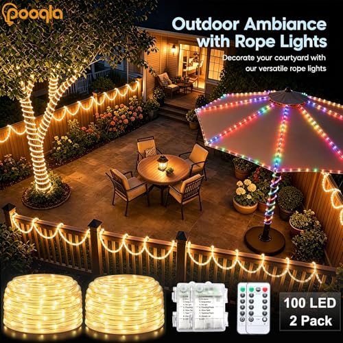 Pooqla Battery String Lights Outdoor, 2 x 100LED Warm White Rope Lights - color: Warm White, size: 100LED×2
