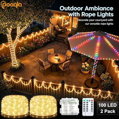 Pooqla Battery String Lights Outdoor, 2 x 100LED Warm White Rope Lights - color: Warm White, size: 100LED×2