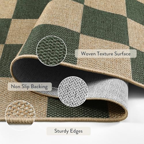 Lahome Checkered Easy Jute Kitchen Runner Rug, 2x8 Outdoor Rugs Washable - color: Deep Green/Nature-1, size: 2'6" x 8' (Runner)