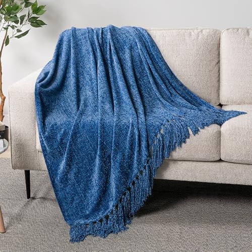 PAVILIA Chenille Throw Blanket, Knit Twin Size Tassel Throw, Blue 60x80 - color: Blue, size: 60 X 80 Inches - Twin