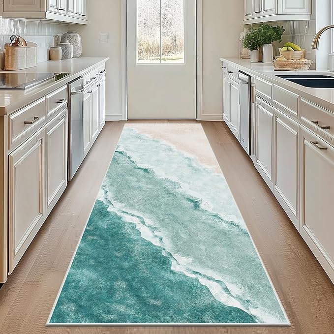 Beach Pattern 2x7ft Runner Rug Non Slip Washable Kitchen Runner Rug with Rubber Backing，Low-Pile Soft Washable Runner Rugs for Hallway Entryway Kitchen Bedroom Bathroom - color: Teal Beach, size: 2' x 7' (Rug)