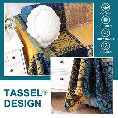 Turquoize Boho Couch Cover Bohemian Cotton Sofa Cover Sofa Throw Cover for Couches Sofa Slipcover Sectional Sofa Couch Covers Feature Hippie Chenille Jacquard Fabric(91"x 134",XX-Large,Yellow Navy) - color: Yellow/Navy, size: XX-Large: 91"x 134"