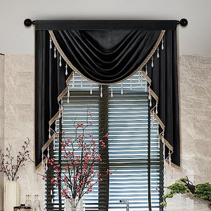ELKCA Luxury Black Velvet Curtain Valances for Living Room with Beads(39inch,1 Panel) - color: Black, size: 39"W x 43"L (Pack of 1)