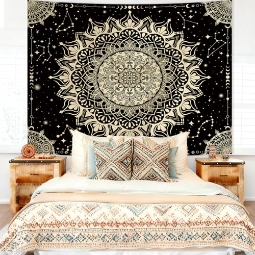 Apdidl Boho Mandala Tapestry for Bedroom, Black Hippie Ceiling Tapestries - color: Black Gold Mandala Tapestry, size: 60"L x 51"W