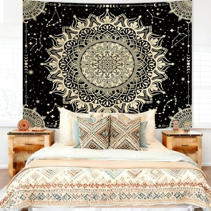 Apdidl Boho Mandala Tapestry for Bedroom, Black Hippie Ceiling Tapestries - color: Black Gold Mandala Tapestry, size: 90"L x 71"W
