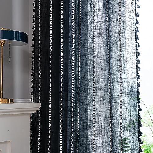Sutuo Home Boho Curtains for Bedroom Living Room Kitchen, Semi Blackout Linen Farmhouse Shabby Chic Tassels Window Treatment Bohemian Embroidery Drape, Rod Pocket 1 Panel 52" W x 96" L, Black - color: Black Stripes, size: 52"W x 96"L (Pack of 1)